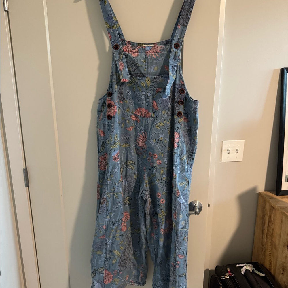 Easel Blue Overalls with Floral Accents